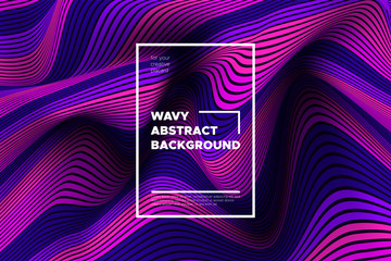 Trendy Abstract Background with 3d Effect. Wave Texture with Pink, Blue, Purple Distorted Lines. Creative Optical Illusion. Futuristic Style. Abstract Background with Volumetric Striped Shapes. Eps10.