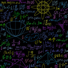 Math educational vector seamless background with multicolored algebra formulas, figures, calculations