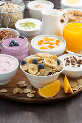 rich breakfast buffet with cereals, yoghurt and fruit on wooden tray, vertical