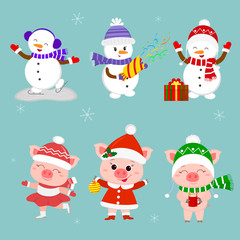 New Year and Christmas card. A set of three snowmen and three pigs character in different hats and poses in winter. Gift box, skating rink, crackers, drink. Cartoon style, vector
