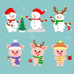 New Year and Christmas card. A set of three snowmen and three pigs is typical in different hats and poses in winter. Christmas tree, sock with cookies, hot drinks. Cartoon style, vector