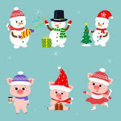 New Year and Christmas card. A set of three snowmen and three pigs is typical in different hats and poses in winter. Gift box, Christmas tree, hot drink. Cartoon style, vector