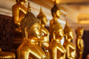 Fototapeta premium Golden Buddha statues in buddhist temple