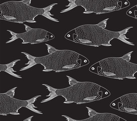 Vector seamless background with fish, handwritten with chalk on a grey blackboard