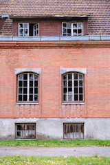 old stone and red brick church details