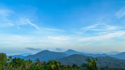 Fototapeta na wymiar on Phuket big Buddha viewpoint can see around Phuket island on left side have many big mountain .some day have mist cover the mountain