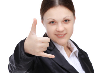 portrait of young business woman showing thumb up