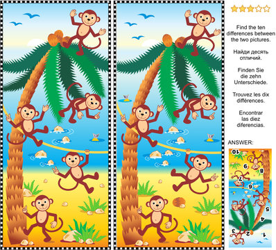Visual puzzle: Find the ten differences between the two pictures - playful monkeys, beach, coconut palm. Answer included.
