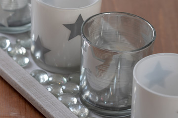 Close up of modern advent wreath with glasses and glass pearls