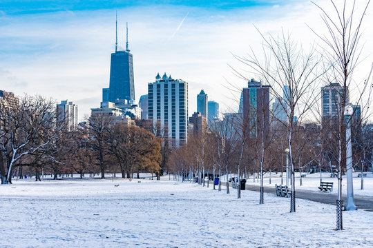 Snow Covered Park In Chicago With Skyline