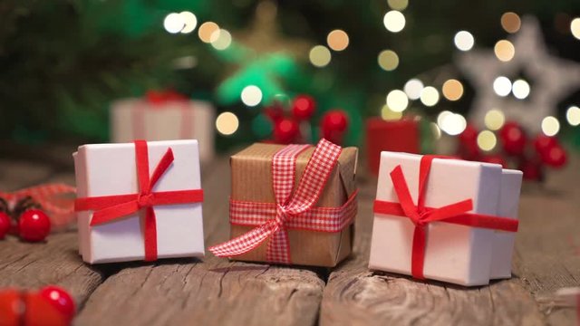 Christmas gifts old wooden floor, pan