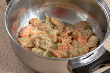 Closeup of leftovers food in a silver pot in the kitchen 