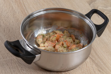 Leftovers food in a silver pot in the kitchen 
