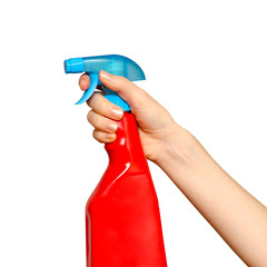Hand using detergent, isolated on white