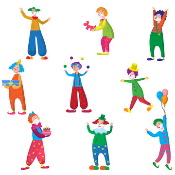 Set of funny characters clowns in beautiful colored clothes with different accessories for the circus. Clowns are having fun, laughing and doing different crazy things.