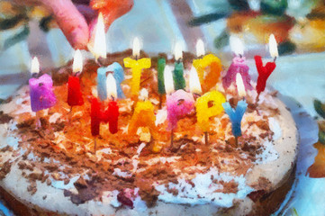 Watercolor sketch cake with burning candles
