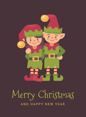 Two happy Santa's elves Christmas greeting card