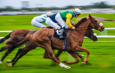 Close-up of jockey and race horse in action, speeding fast motion blur - obrazy, fototapety, plakaty