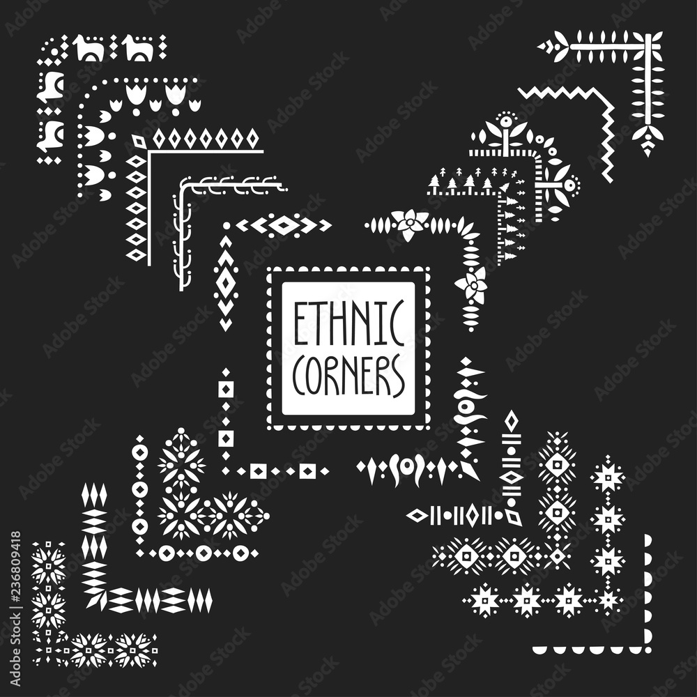 Poster vector collection of corners decorated with scandinavian folk patterns.