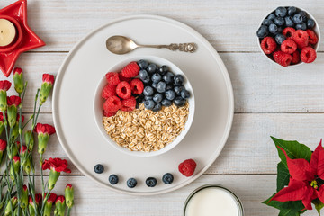 Breakfast, oatmeal with blueberry and raspberry on white bowl. Healthy food