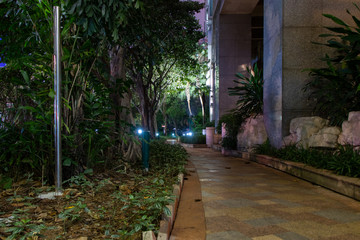 Fototapeta premium Stone path near the house. Night lighting, lights are lit. Green trees, fallen leaves.