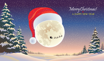 The moon wearing the Christmas cap overlooking a beautiful winter landscape