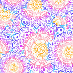 Seamless multicolor pattern with oriental mandalas. Hippie mandala pattern. Kaleidoscope elements. Fabric, wallpaper or wrap print