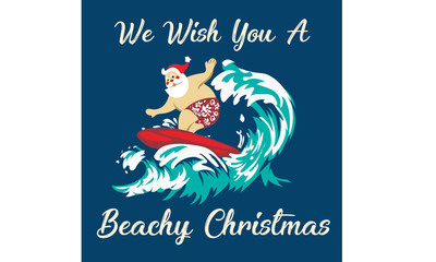 Holiday illustration Santa Claus standing on the beach surfing cheerful cartoon, tropical Christmas and New Year, seaside entertainment