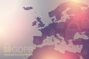 GDPR - General Data Protection Regulation. Dotted Europe map and flag. Protection of personal data. Vector illustration.