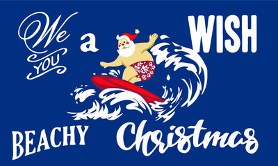 Holiday illustration Santa Claus standing on the beach surfing cheerful cartoon, tropical Christmas and New Year, seaside entertainment