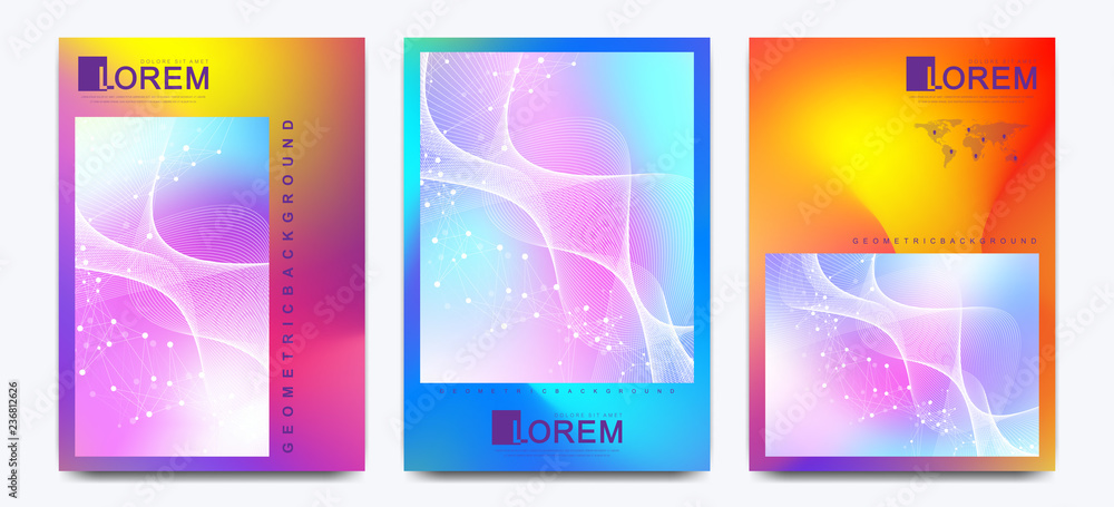 Poster Vector design template in trendy vibrant gradient colors with abstract fluid shapes. Futuristic scientific posters, banners, brochure, flyer and cover design with molecule, connected lines and dots