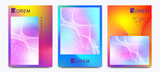 Vector design template in trendy vibrant gradient colors with abstract fluid shapes. Futuristic scientific posters, banners, brochure, flyer and cover design with molecule, connected lines and dots