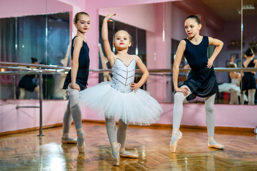 Group of three little ballet dancers in tutu standing in poses on the dance hall. Young ballet dancers in a studio with wooden floor and mirrors.
