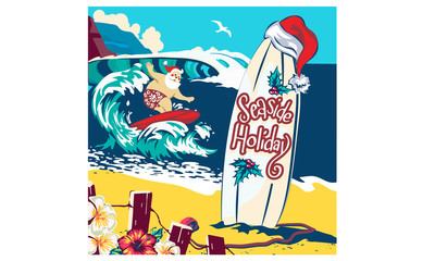 Holiday illustration Santa Claus standing on the beach surfing cheerful cartoon, tropical Christmas and New Year, seaside entertainment