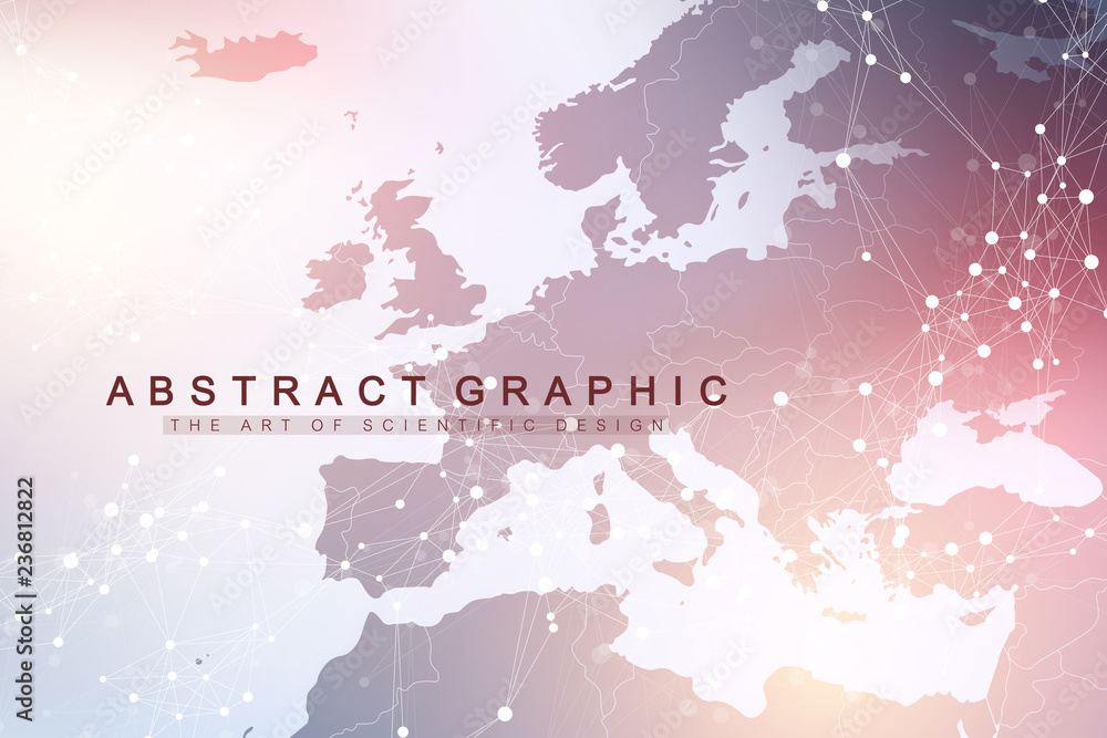 Poster Geometric graphic background communication with Europe Map. Big data complex with compounds. Perspective backdrop. Minimal array. Digital data visualization. Scientific cybernetic vector illustration.