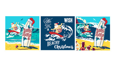 Holiday illustration Santa Claus standing on the beach surfing cheerful cartoon, tropical Christmas and New Year, seaside entertainment