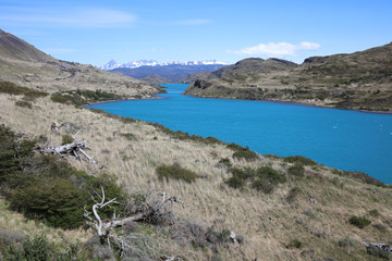 Fototapeta na wymiar Lago Pehoe im Nationalpark Torres del Paine in Patagonien. Chile