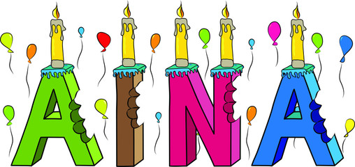 Aina female first name bitten colorful 3d lettering birthday cake with candles and balloons