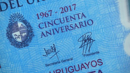 Uruguay 50 pesos 2017 banknote rotating, Uruguayan peso close up. 4K UHD video footage