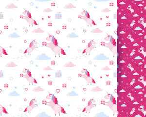 Cute vector seamless pattern unicorn, clouds, hearts, gift boxes on white background. Holiday template for St Valentines day with festive flat cartoon vector elements. Wrapping, fabric, print design.