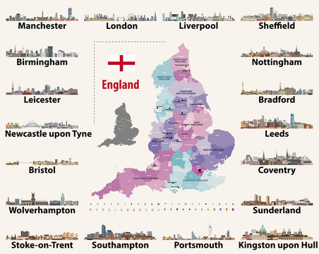 England cities skylines vector collection. Map and flag of England