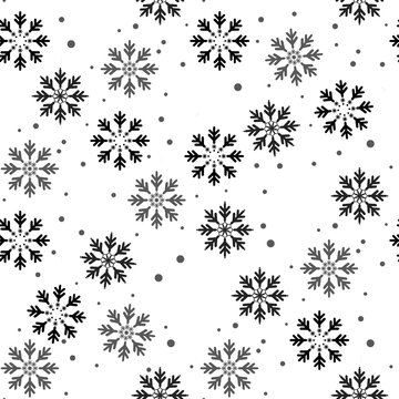 Winter seamless pattern with black snowflakes and dots on white background. New Year backdrop. Vector Christmas background for fabric, textile, wrapping paper, card, invitation, wallpaper.