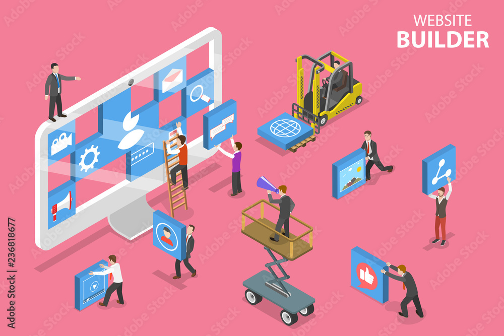 Wall mural isometric flat vector concept of website builder, site constructor, web services agency, software de