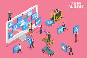 Isometric flat vector concept of website builder, site constructor, web services agency, software deveolpment.