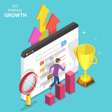 Flat Isometric Vector Concept Of Seo Ranking Growth, Web Analytics, Website Optimization Marketing.