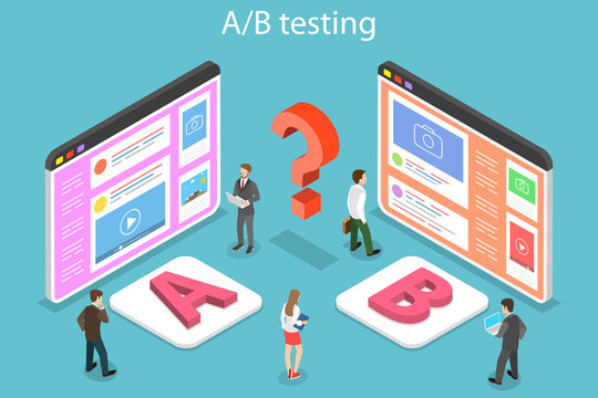 Isometric flat vector concept of AB testing, split test, A-B comparison, web development.
