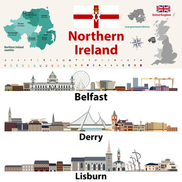 Northern Ireland counties map and largest cities skylines. Vector set