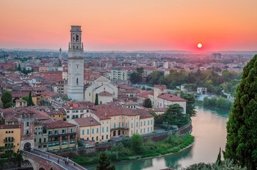 Fototapeta na wymiar Beautiful sunset aerial view of Verona, Veneto region, Italy.