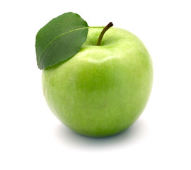 Green ripe apple isolated on white background.