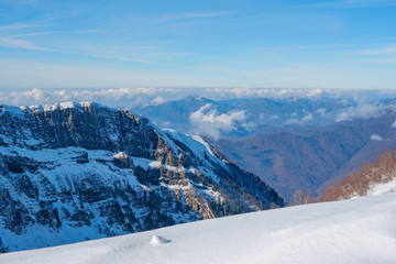 snowy mountains and blue sky